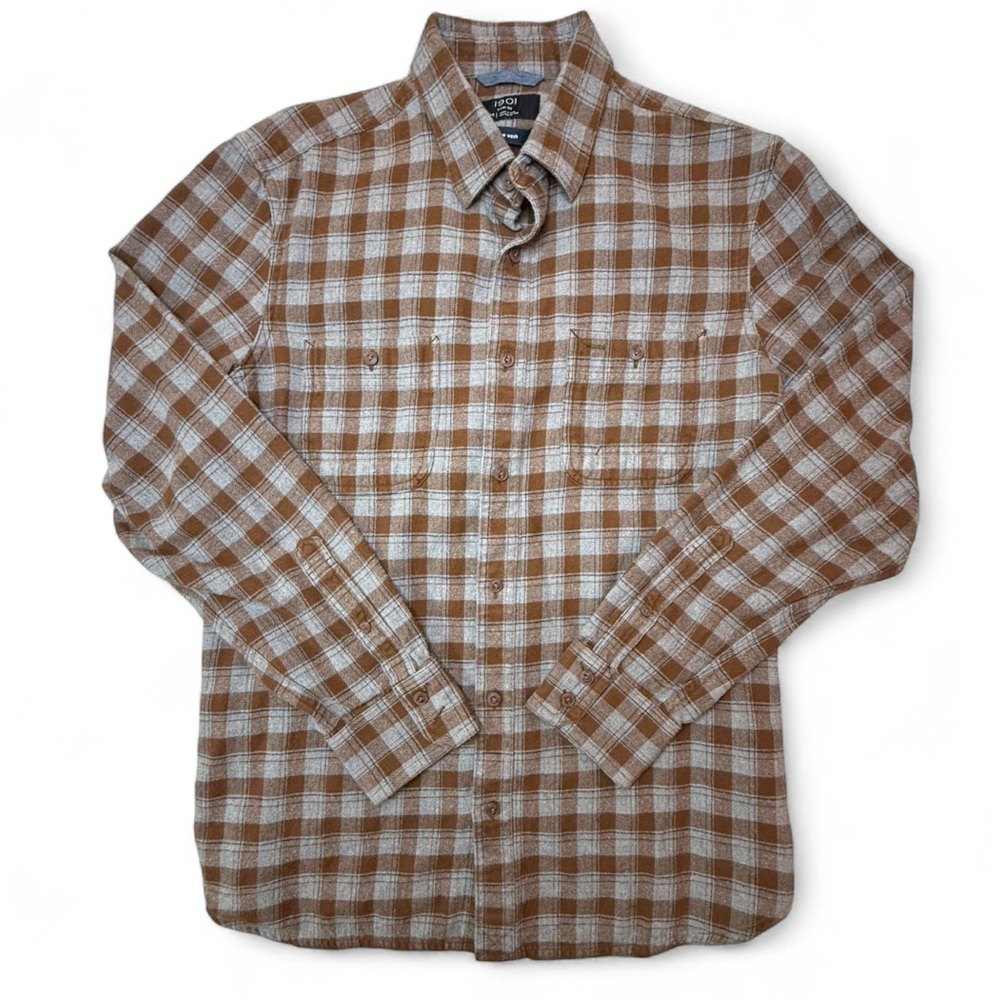 1901 Trim Fit Flannel Long Sleeve Button Up Shirt Top Gray Brown Plaid Medium